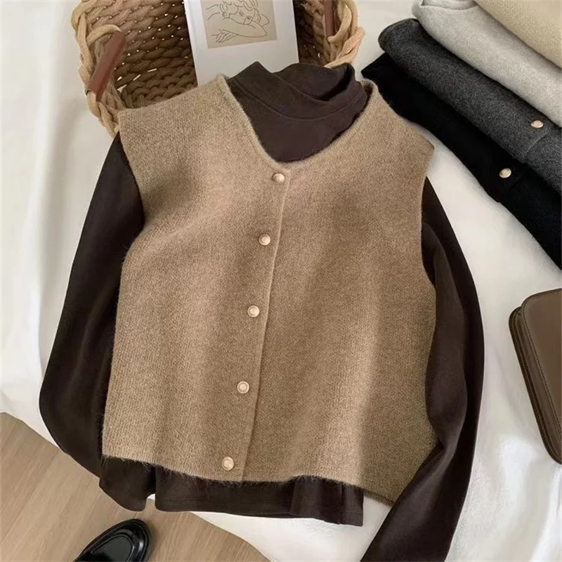 Cárdigan de punto con cuello redondo y botones dorados pequeños de una sola fila estilo entle para mujer, camisola sin mangas de estilo coreano