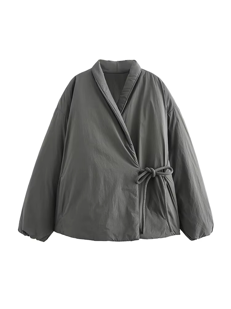 Fashion Lace Up Gewatteerde Katoenen Jas Vrouwen 2025 Winter Casual Losse Parka Jas Vintage Uitloper Vrouwelijke Warme Gewatteerde Outerwears