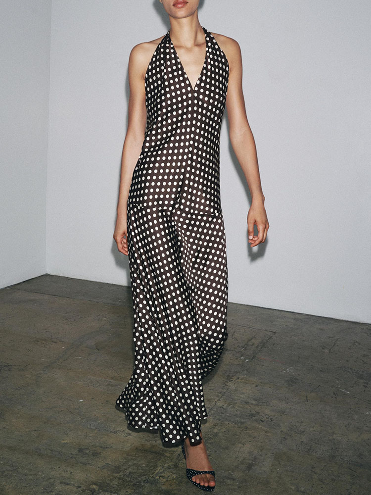 Vestido de Verão Novo Sexy Sem Costas e Sem Mangas com Estampa de Poá, Design de Pescoço Caído, Estilo Casual e E