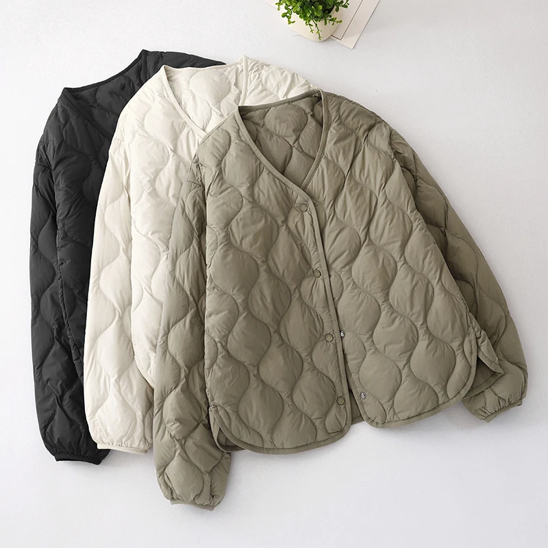 Jaqueta de Aodão Leve e Acolchoada Moda Fena Curta Solta Casual com Gola Redonda Casaco Quente para Outono e Inverno
