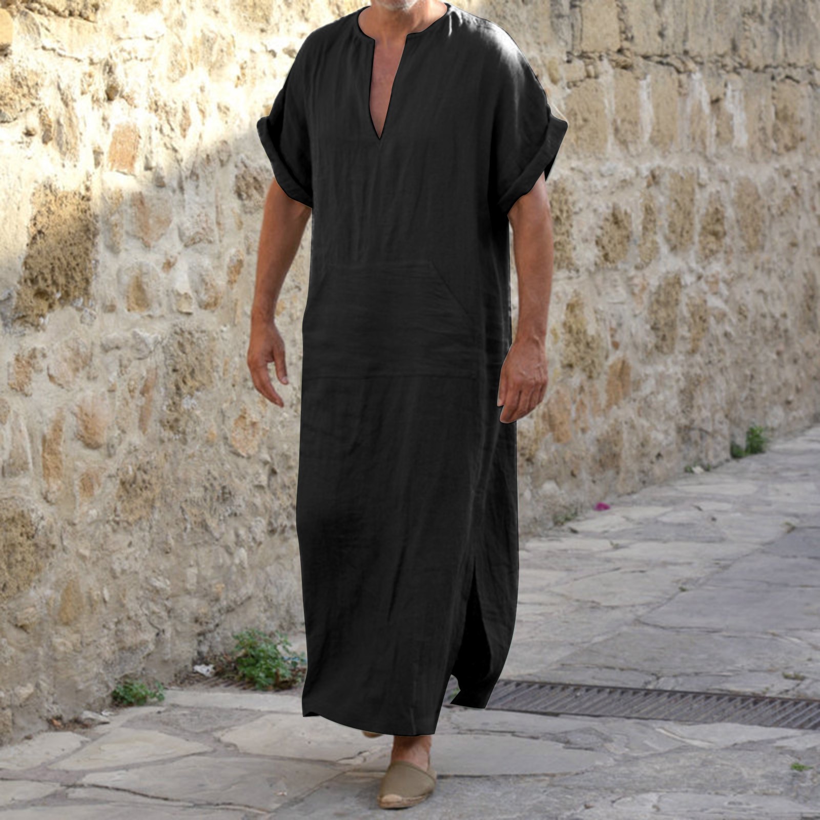 Camisa musulmana de manga corta para hombre, Túnica de Color sólido con cuello en V, Color negro, Jubba Thobe, caftán árabe islámico, Abaya