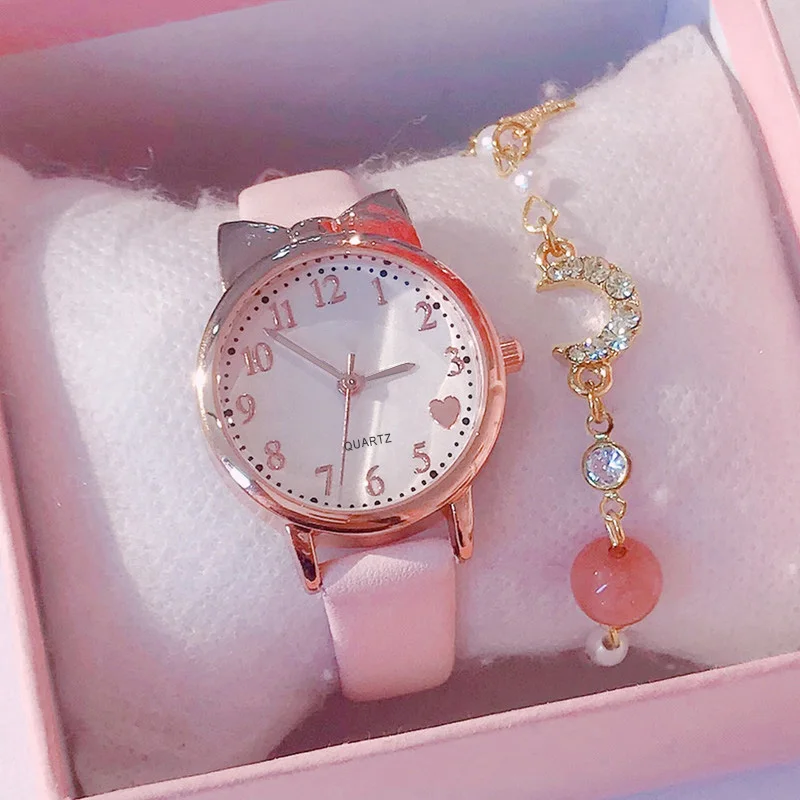 Novo coração bonito relógio feminino estrelas lua pulseira conjuntos strass criança relógios de quartzo presentes ideais para crianças