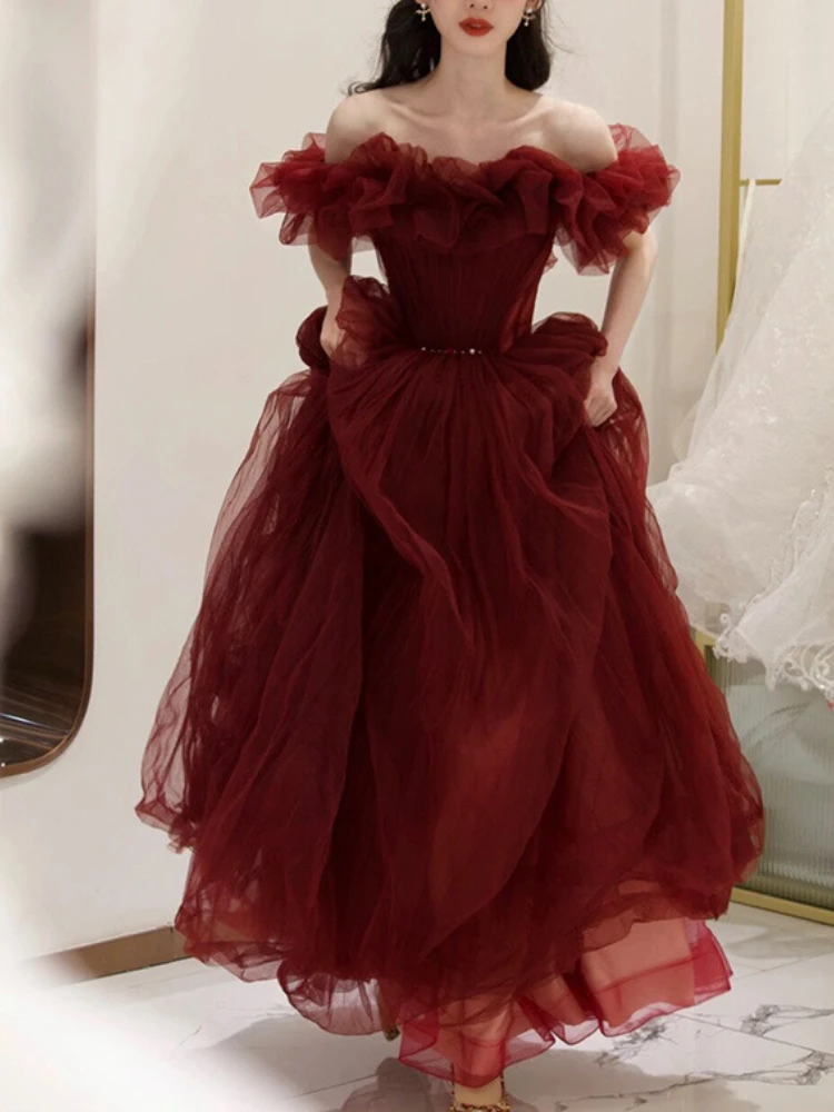 Vestido de noche con cuello de barco rojo de hadas, traje elegante, cintura delgada, largo, temperamento, fiesta de graduación, nicho, boda