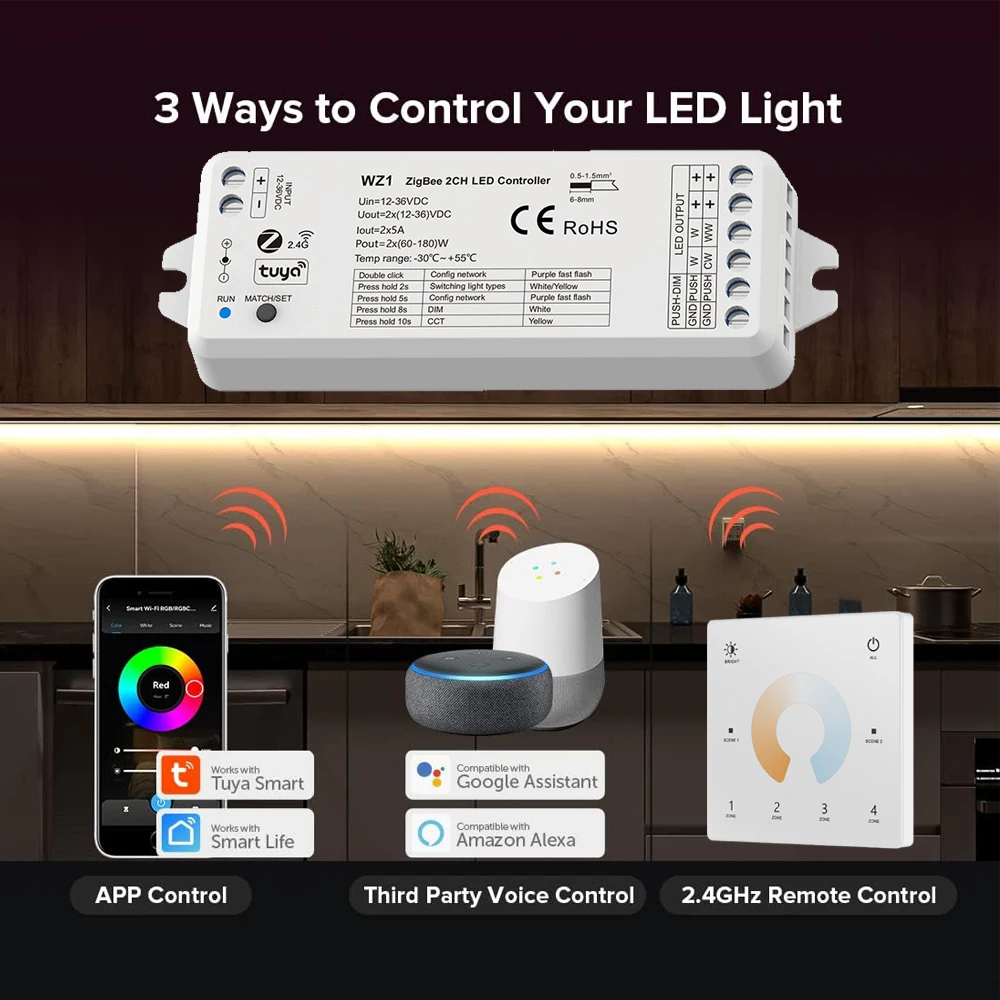CENFAYA ZigBee & RF 2CH LED Controller DC 12V 24V Smart Dimmer Match with RF 2.4G remote controller For WW CW NW CCT LED strip