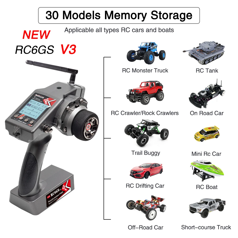 Radiolink RC6GS V3 2.4G 7 チャンネル無線送信機 R7FG 受信機付きジャイロテレメトリ付属 RC カーボート用リモートコントローラー