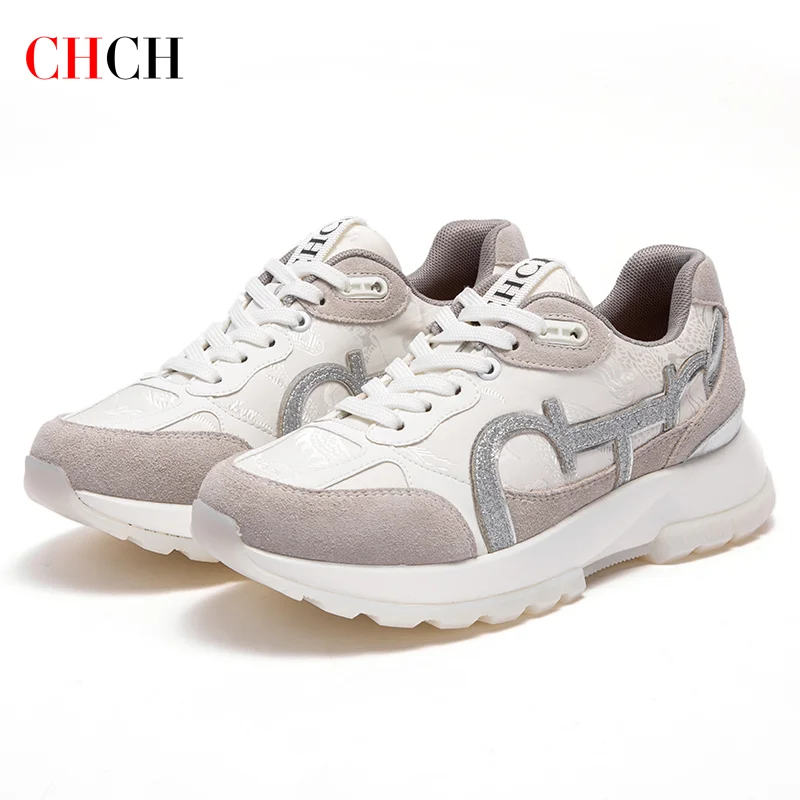 CHCH รองเท้าเทนนิสสตรีใหม่ Cowhide หนัง Splicing รองเท้าแบนการออกแบบตามหลักสรีรศาสตร์การแก้ไขกระดูกนักเรียนกีฬารองเท้า