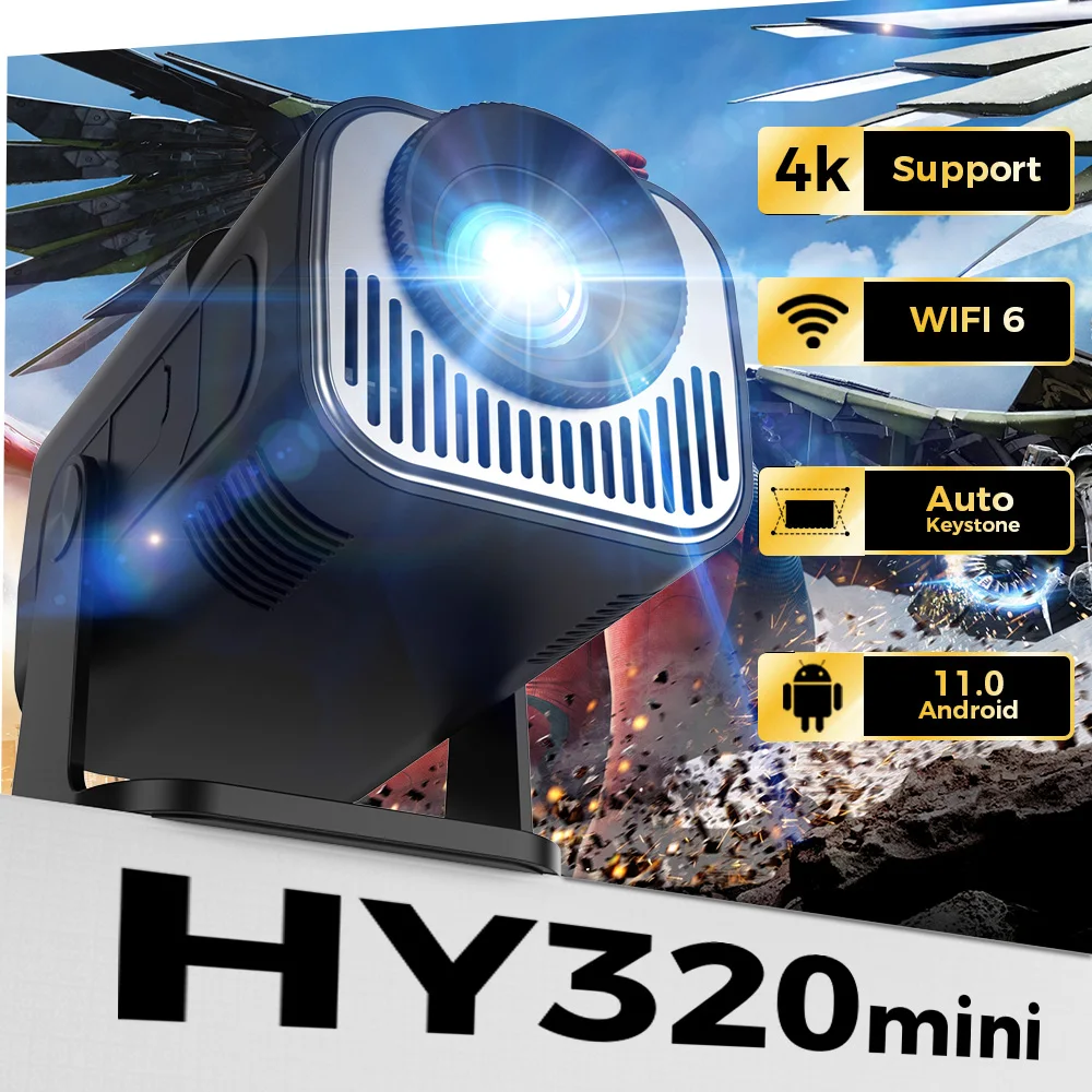 HY320-miniproyector portátil 4K, dispositivo con Android 11, WIFI6, BT5.0, 720P, soporte nativo, 1080P, para cine en casa, HDMI