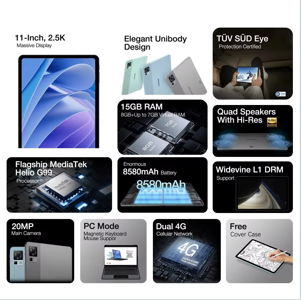 Doogee-Tablette Android 13 T30 Pro, Helio G99, 8 Go de RAM, 256 Go, Dean, 2 To TF, 11 pouces, écran 2.5K, Full HD, 1600 × 2560, 8580mAh