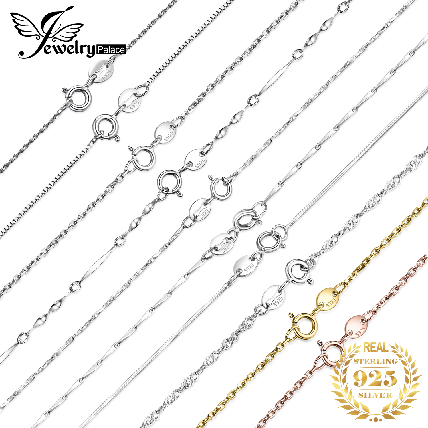 JewelryPalace-collar de 100% Plata de Ley 925 auténtica para mujer, Belcher trenza trenzada, barra de serpiente, caja de Singapur, cadena