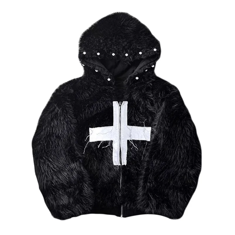 Mauroicardi Inverno Curto Fresco Quente Macio Peludo Faux Fur Casaco Homens com Capuz Rebite Designer de Luxo Estilo Punk Roupas Fofo Jaqueta
