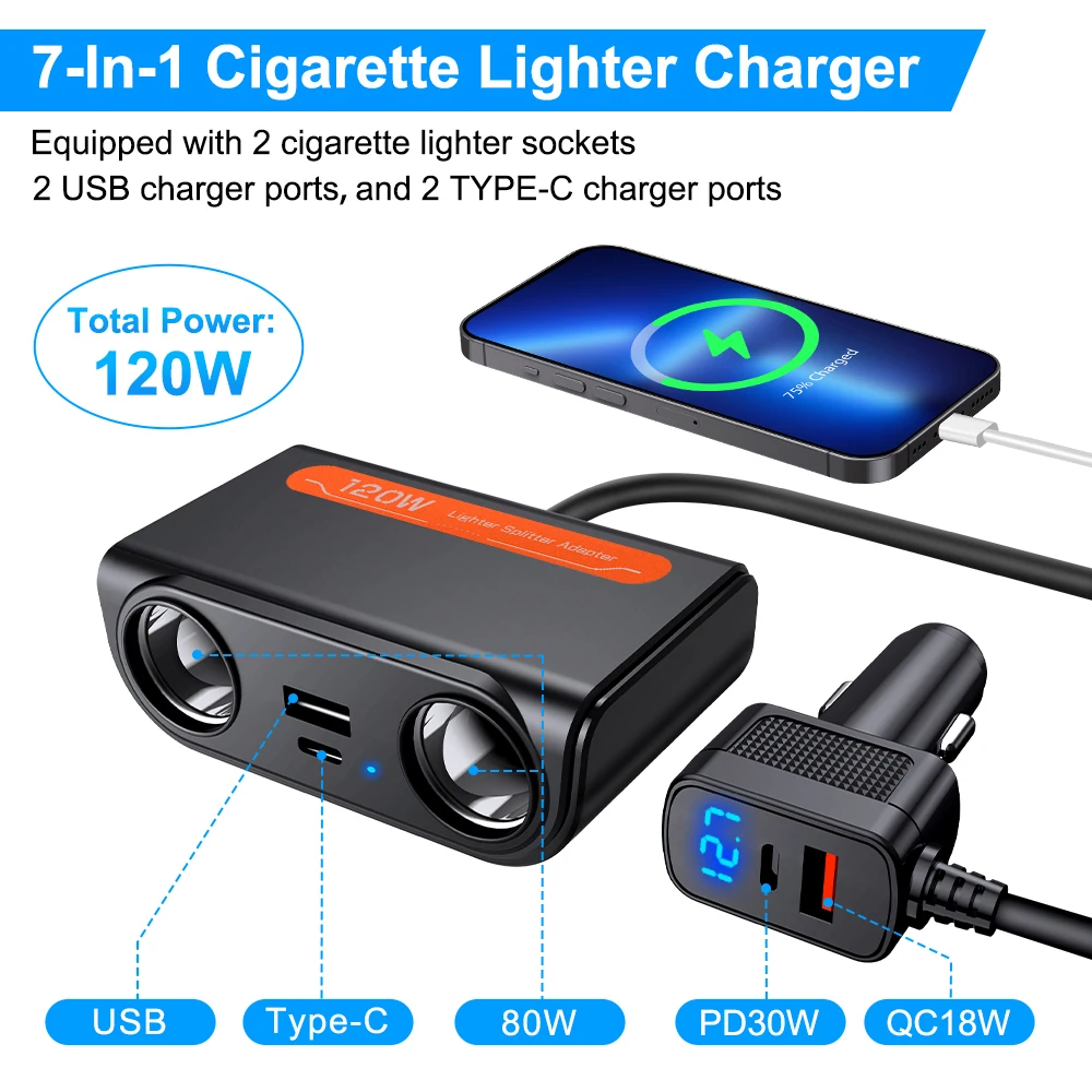 7-in-1-Autoladegerät-Adapter PD USB-Buchse Zigarettenanzünder Splitter Schnellladung mit LED-Voltmeter DC-Steckdose Autozubehör
