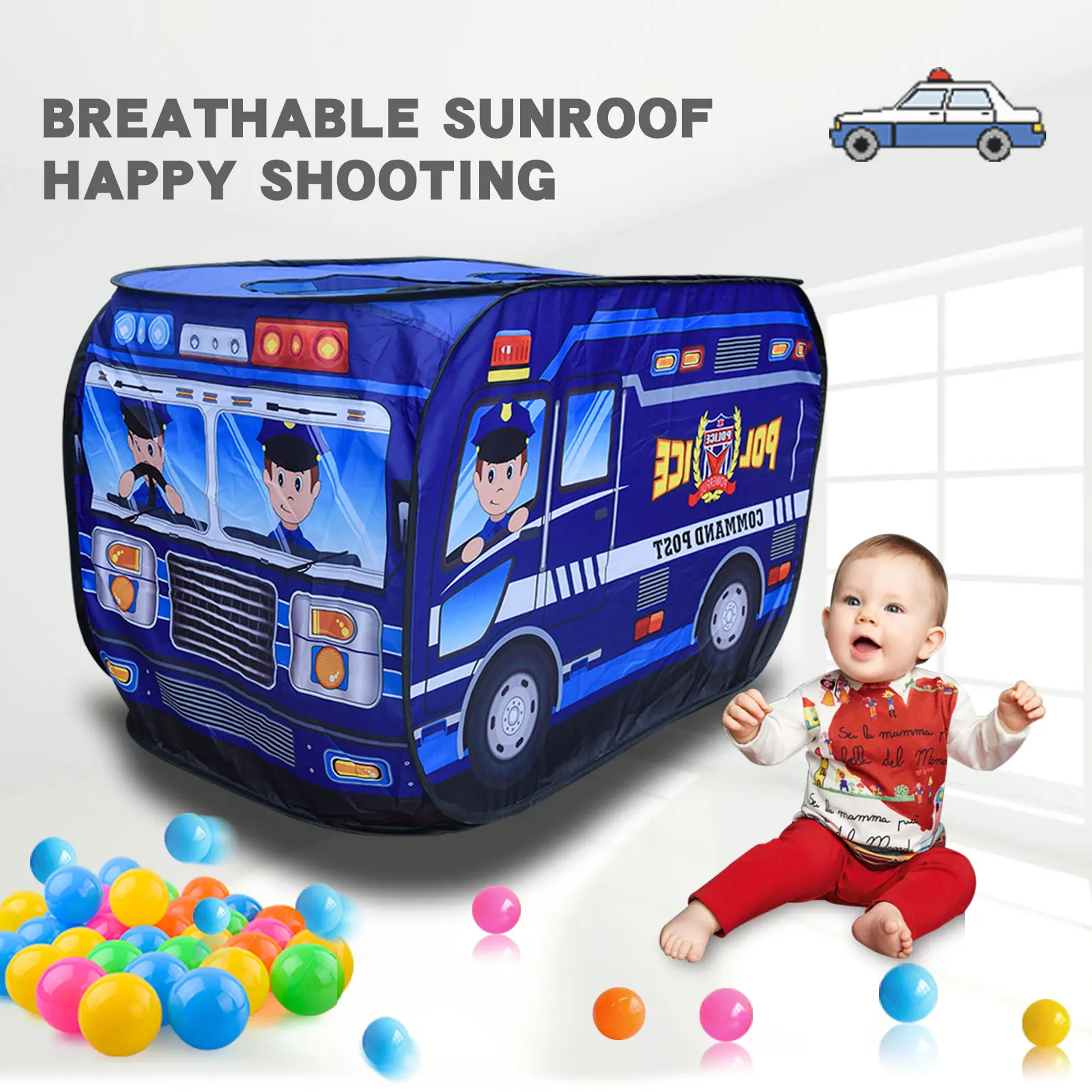Tenda per auto per bambini casa auto della polizia casa da gioco per interni ed esterni con giocattoli sul tetto apribile