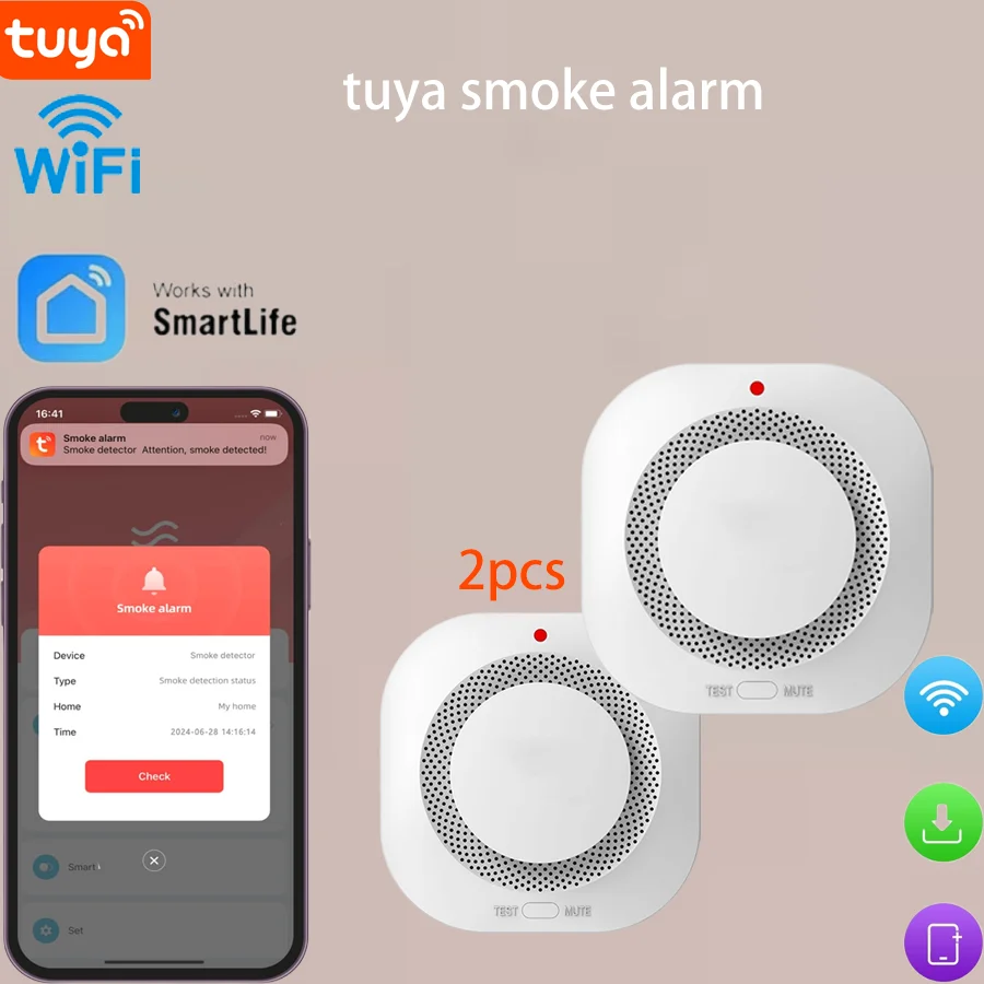 2packs Tuya WiFi Smoke Alarm Fire Protection Smoke Detector Smoke House Combination Fire Alarm Home Security System Firefighters