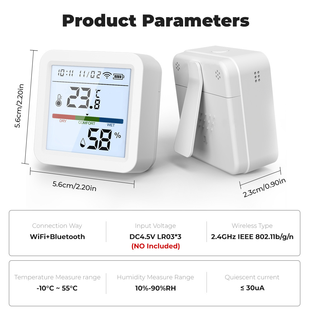 Sensor de temperatura e umidade wi-fi, higrômetro inteligente tuya interno, termômetro com luz de fundo, display lcd, suporte alexa e google