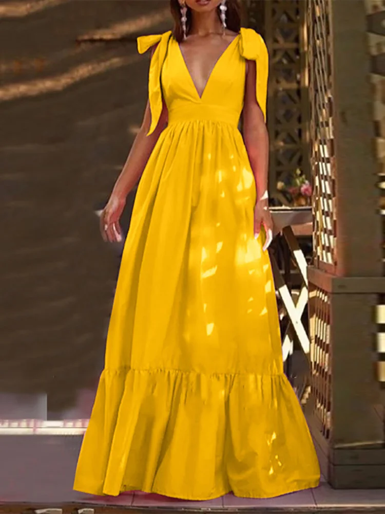 Vestido sexi de verano para mujer con cuello en V y espalda descubierta, Vestido largo elegante con lazo calado para fiesta, Vestido largo de lunares a la moda para mujer