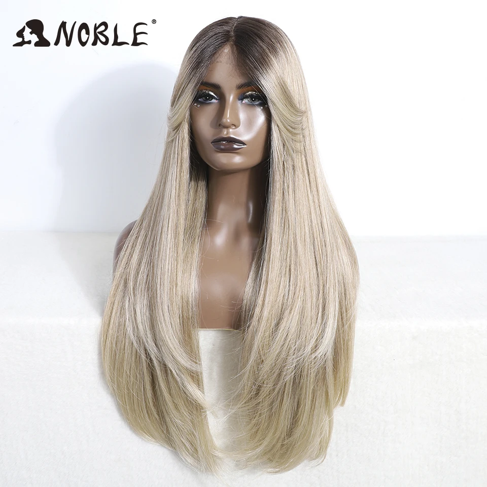 Peluca con malla frontal sintética Noble, peluca de encaje con división recta de 30 ", pelucas rubias ombré para mujer, peluca con flequillo, peluca de encaje resistente al calor