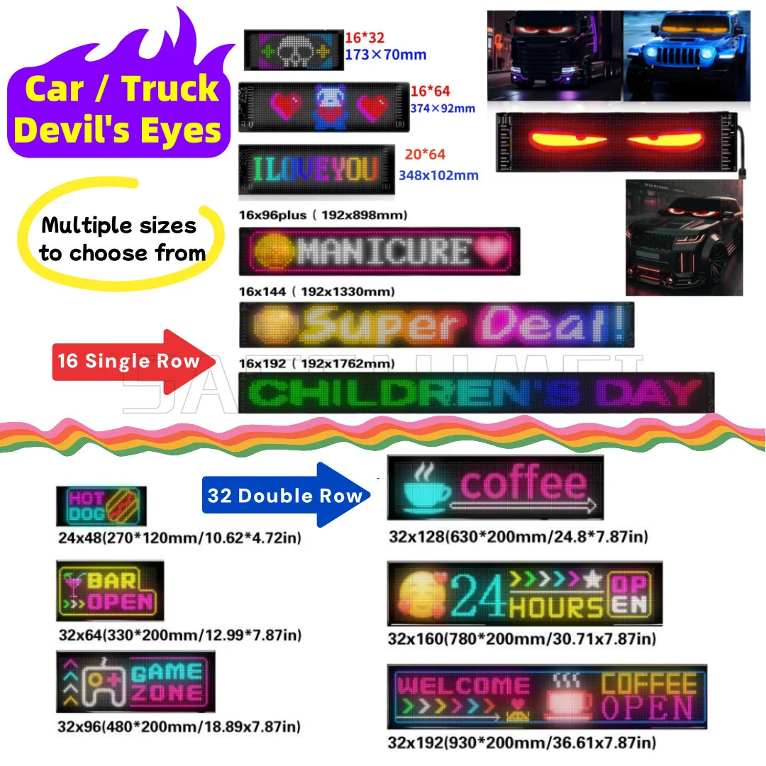 Zweireihiger Scroll-Display-Bildschirm, intelligente App, LED-Matrix-Panel, Licht, Auto, LKW, böse Augen, Schild, flexibel, programmierbar, Bar, Party