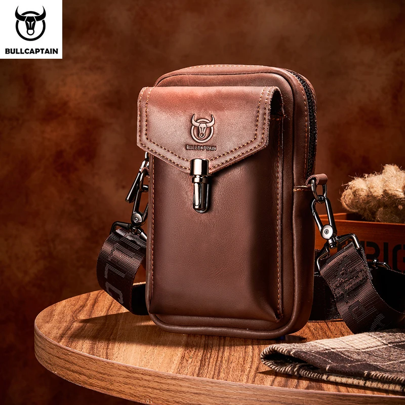 Bullcaptain bolsa de cintura masculina de couro crazy horse multifuncional bolsa de celular de 7 polegadas bolsa de ombro mensageiro masculina marrom