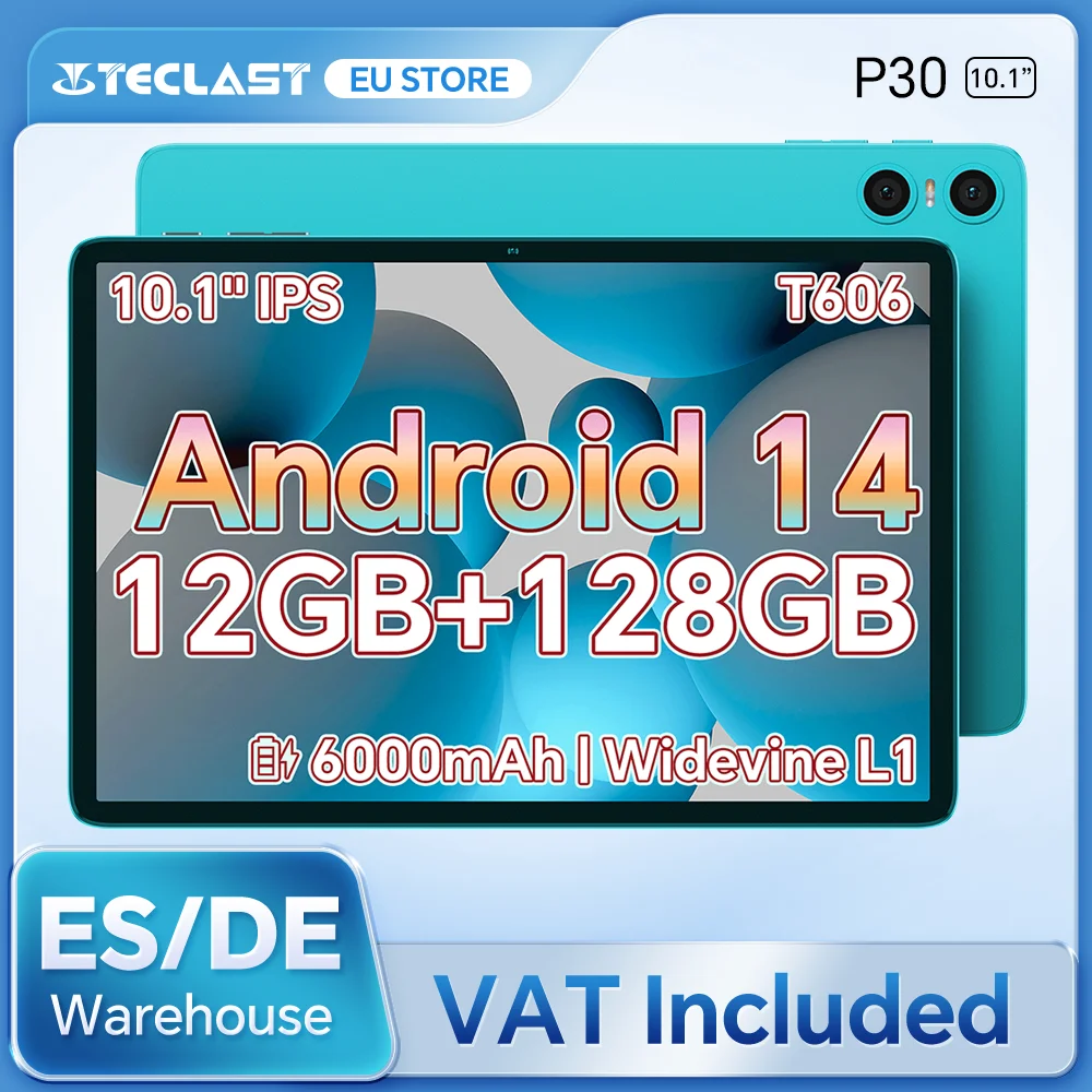 Teclast P30 Android 14 Tableta de 10.1 "IPS, MAX 12GB RAM, 128GB ROM, UNISOC T606 Octa-core, tipo C, Jack de 3.5 mm, WideVine L1
