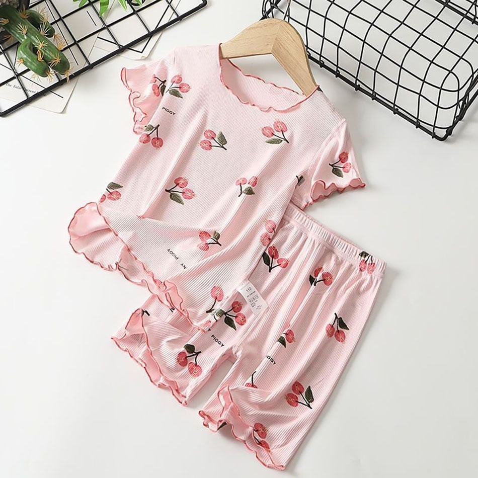 Girls Summer Pajama Set Cherry Blossom Print 4-Way Stretch Shorts & Tee Breathable Modal Blend for Bedtime and Playtime for 1-8Y