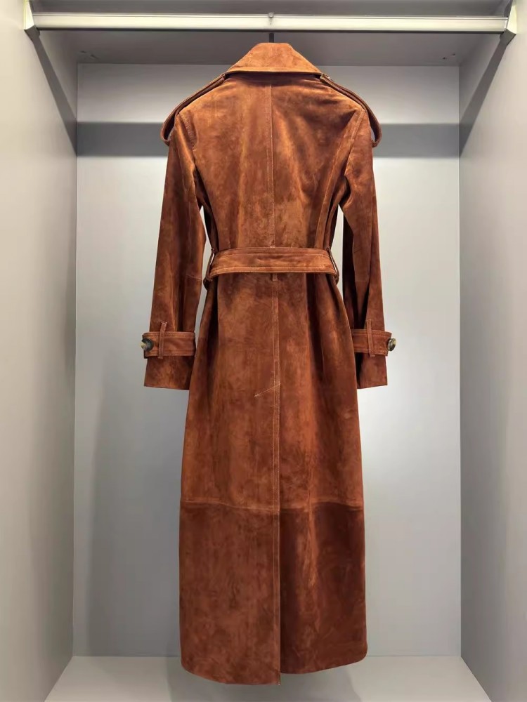 Italiaanse luxe dames lange echte koe suède leren jas met dubbele rij knopen en riem OL werk windjack geul lederen jas