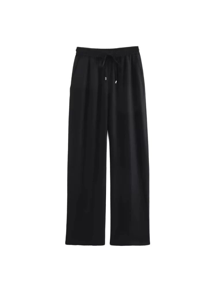 Rechte damesbroek met zakken aan de voorkant, hoge elastische taille, trekkoorden, damesbroek, chique mode