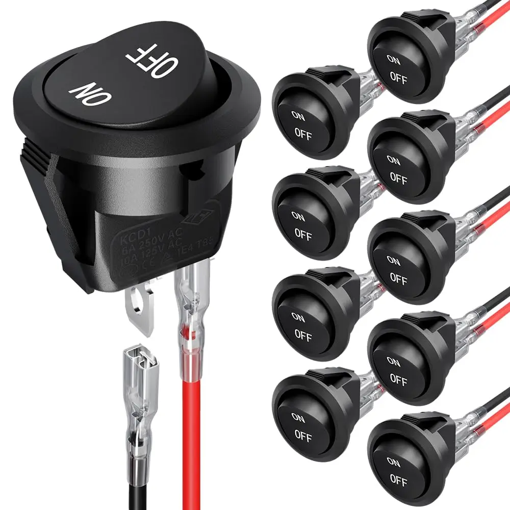 2/5/10 unidades 12V interruptor rocker redondo liga/desliga SPST interruptor de alternância de 2 pinos com fios 6A/250V 10A/125V AC para barco automotivo etc.