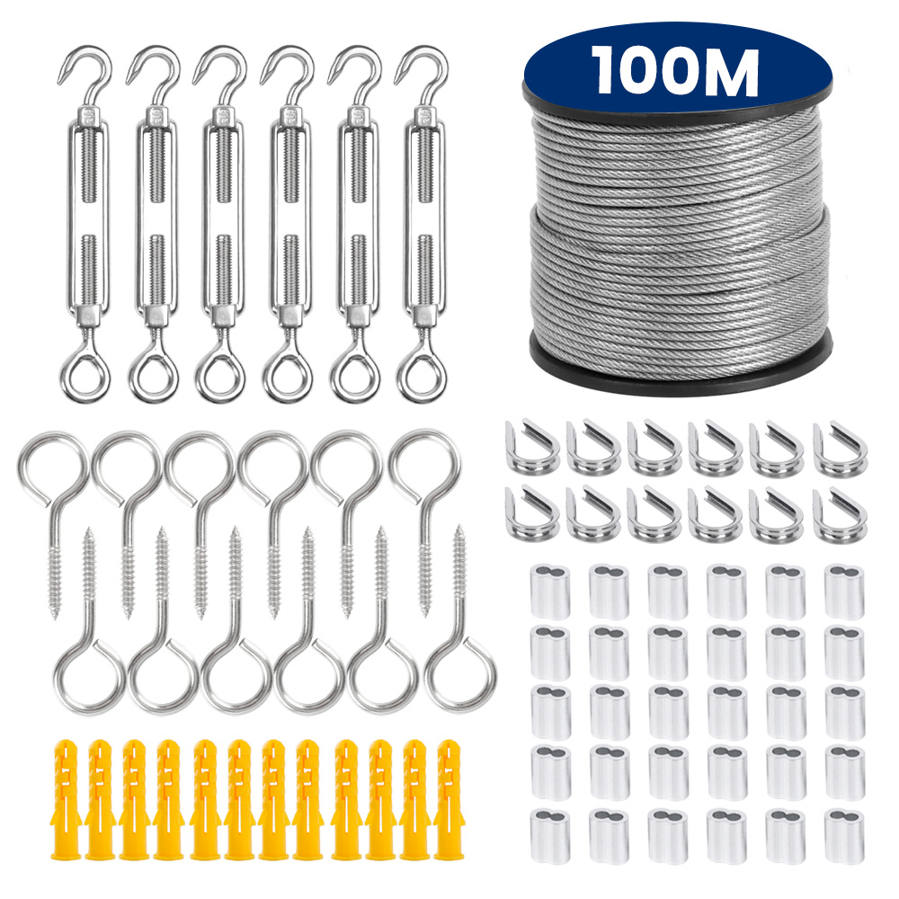 SGYM 73PCS/Set 100 Meter Steel PVC Coated Flexible Wire Rope Soft Cable Transparent Stainless Steel Clothesline Diameter 2mm Kit