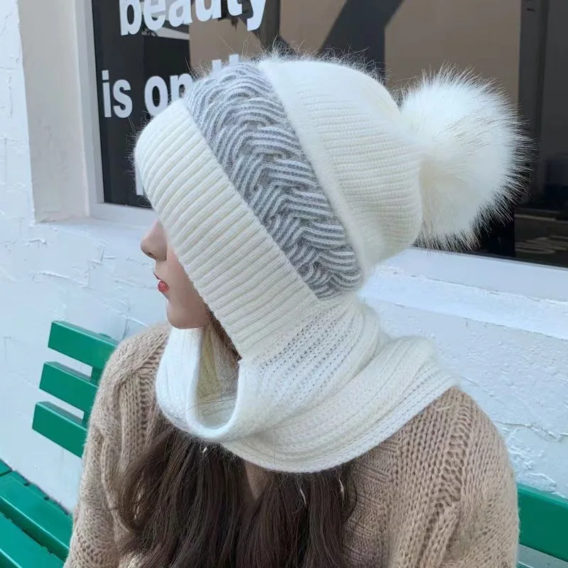Cappello di lana da donna, versatile in autunno e inverno, versione coreana, cappello lavorato a maglia moderno e caldo con velluto spesso e sciarpa, uno-