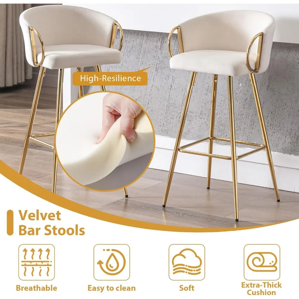 Bar Stool Set 2,30" Counter Height Bar Stool Velvet Low Back Chair with Gold Armrests for Kitchen Island/Family Bar/Dining Area