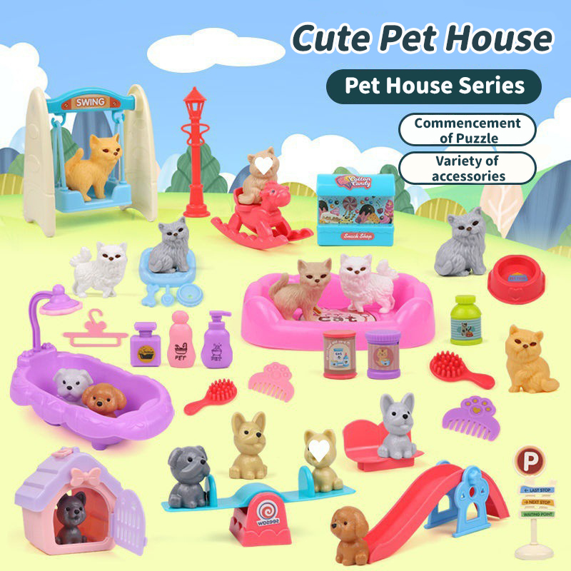 Pet família fingir jogar brinquedo, casa de cachorro, canil, banheira, boneca conjunto, gaiola do cão, mini moda, bonito, moda