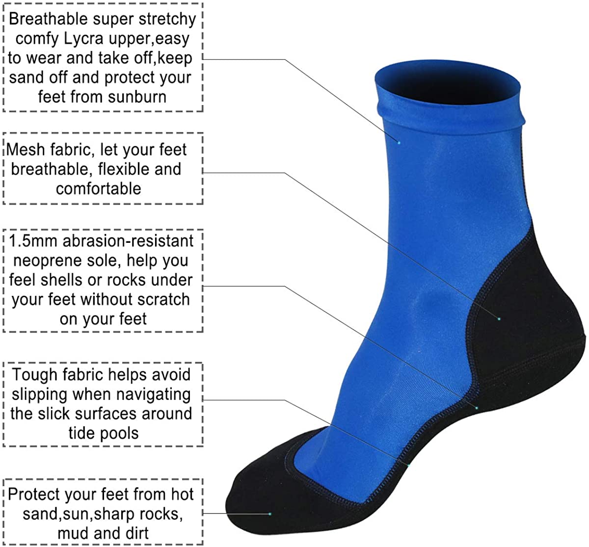 Meias de neoprene para areia, praia, vôlei, futebol, parte superior fina de poliéster, 1.5mm, solas de neoprene, proteção solar, sapatos de água