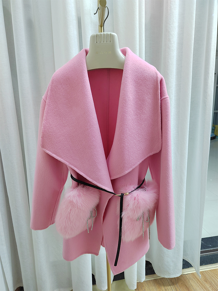 女性用本物の天然フォックスファーコート,女性用アウター,カシミヤウール,豪華なジャケット,ポケット,新しい冬2022