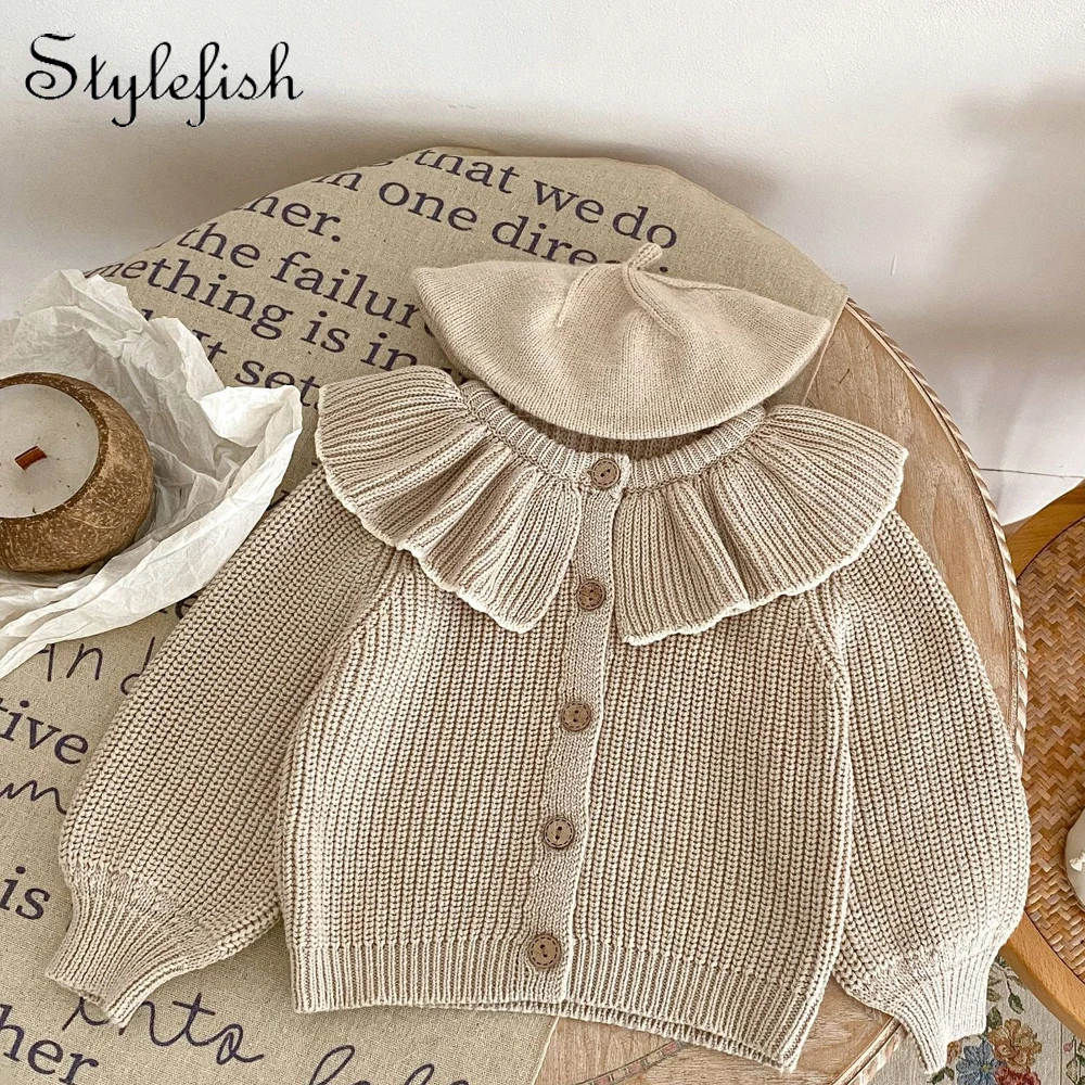 INS primavera y otoño para bebés de 0 a 3 años, abrigo de punto con cuello con volantes a la moda, cárdigan pequeño, suéter, Top