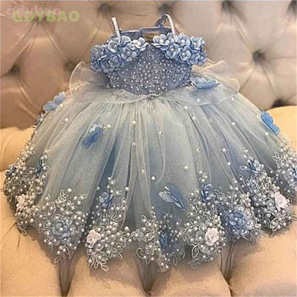 Robe de luxe en dentelle pour bébé fille, tenue d'anniversaire avec des perles, avec des appliques, princesse à fleurs, longue robe de bal de noël