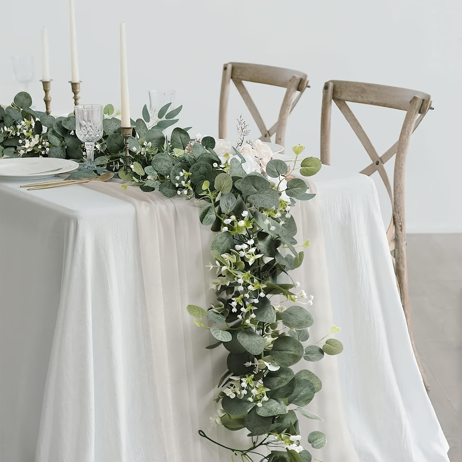 1pc Artificial Eucalyptus Leaves Greenery Garland Fake Plant Vine with White Flowers Berries for Home Garden Wedding Party Decor