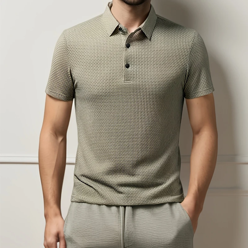 Nueva camisa POLO de Color sólido con flores de hueso de manga corta informal de negocios para hombre, Top versátil cómodo y transpirable a la moda para verano