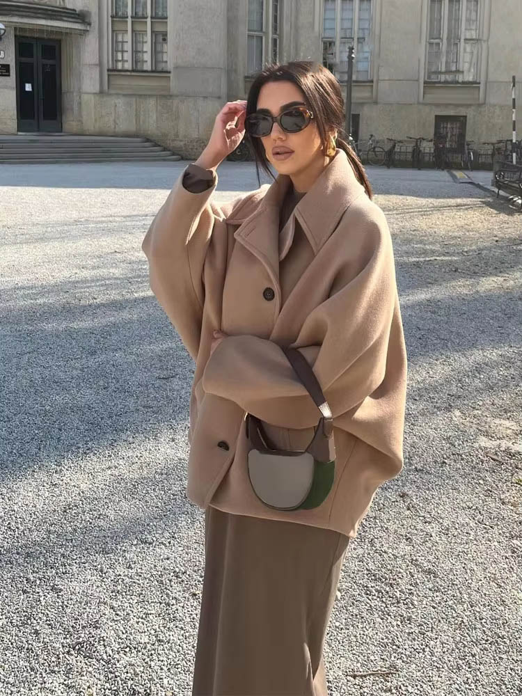 Damska kurtka na jesień i zimę, luźna, krótka, z klapami, długie rękawy, kieszenie, jednorzędowa, ozdobna, codzienna kurtka damska, jednolita góra.