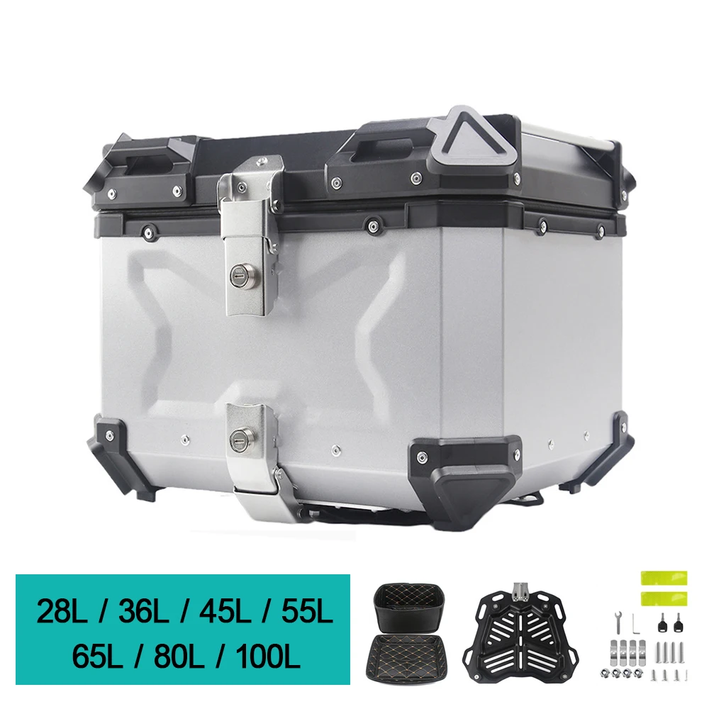 Caja de almacenamiento Universal para maletero de equipaje trasero de motocicleta, caja superior impermeable para casco, llave de bloqueo, caja de herramientas trasera de aluminio, 55L, 65L, 80L