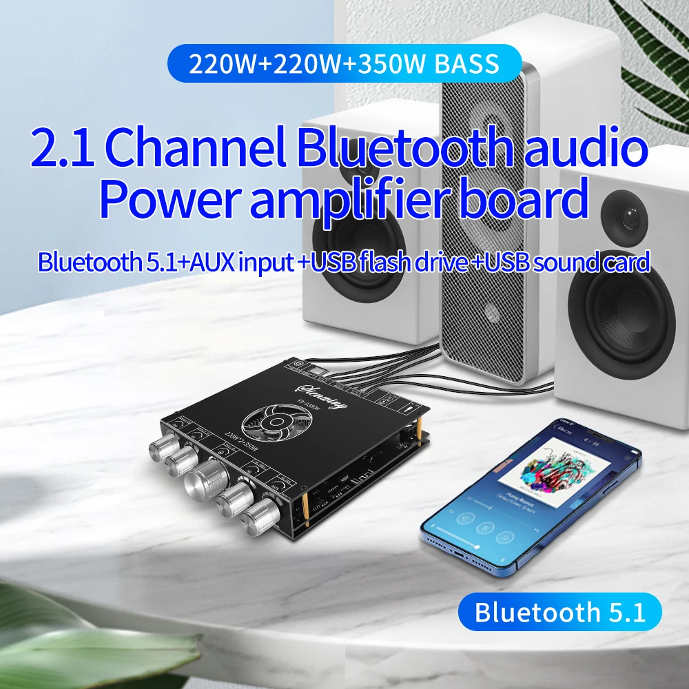 YS-S350H bluetooth 5.1 placa amplificador de áudio modelo digital 2.1 canais de alta potência subwoofer de ajuste alto-baixo 220w + 220w + 305w