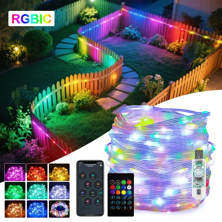 Lampki LED RGBIC WS2812B, lampki choinkowe, Bluetooth, USB 5V, adresowalne indywidualnie, aplikacja muzyczna, kolor marzeń