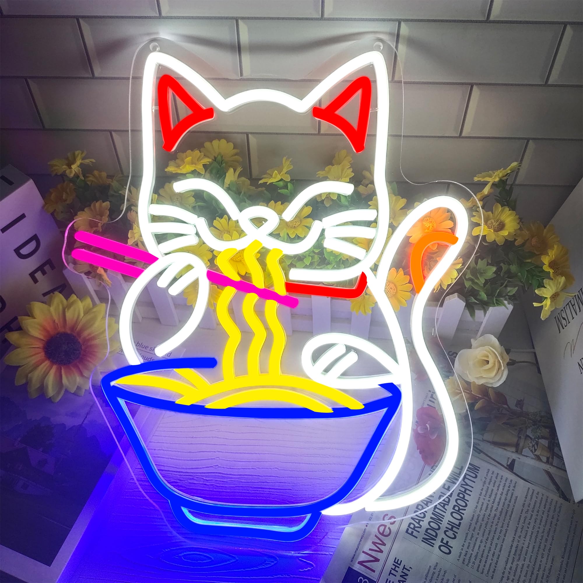 Letrero de neón de gato de la fortuna Ramen, letreros de neón Led de fideos de gato de la suerte para decoración de pared, hogar, Bar, cocina, comedor, decoración artística de pared, regalos