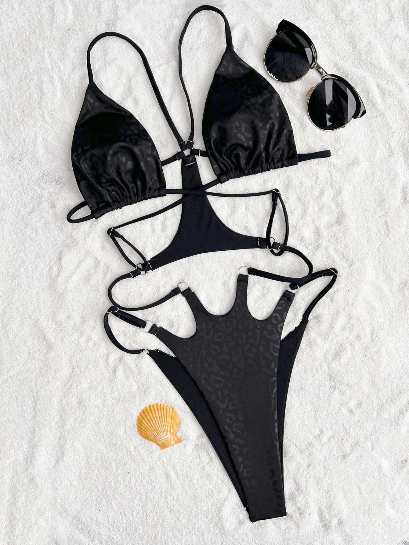 Maillot de bain une pièce imprimé léopard noir, sexy, dos nu, avec anneau en métal, tenues de plage, body biquini