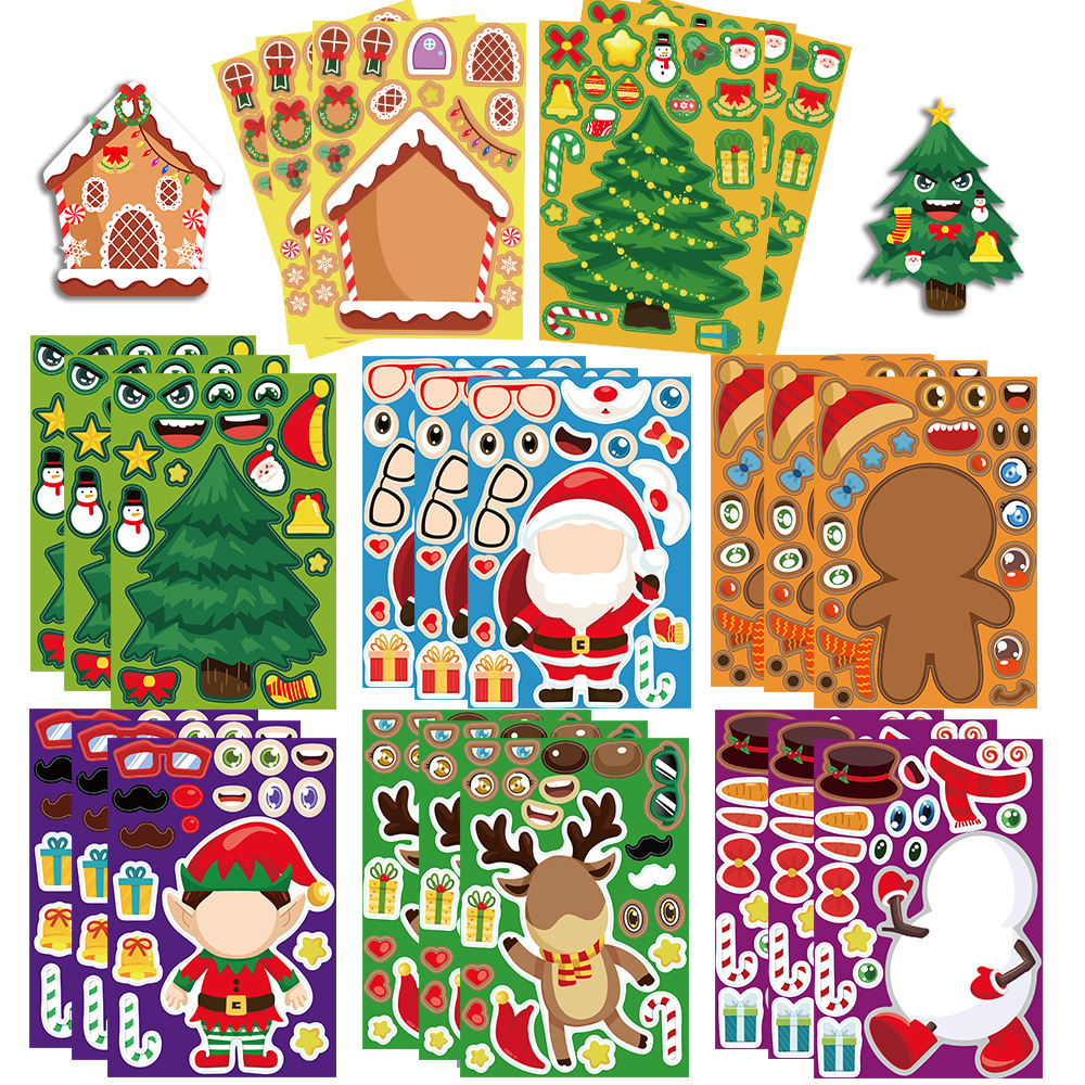 子供のためのクリスマスステッカー,ジグソーパズル,フェイスメイク,サンタクロースの作成,パーティーの装飾,おもちゃ,8枚