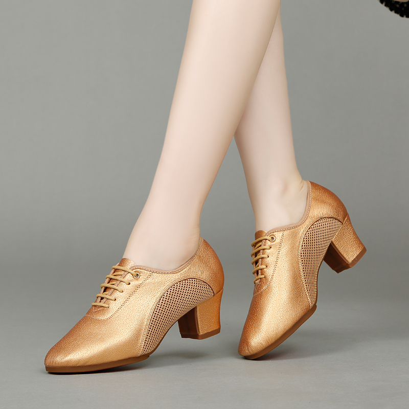 Gold Tanzschuhe Damen Mesh Leder Latin Dance Schuhe weiche Gummisohlen Gesellschaftstanz Turnschuhe Damen High Heels Modern Dance