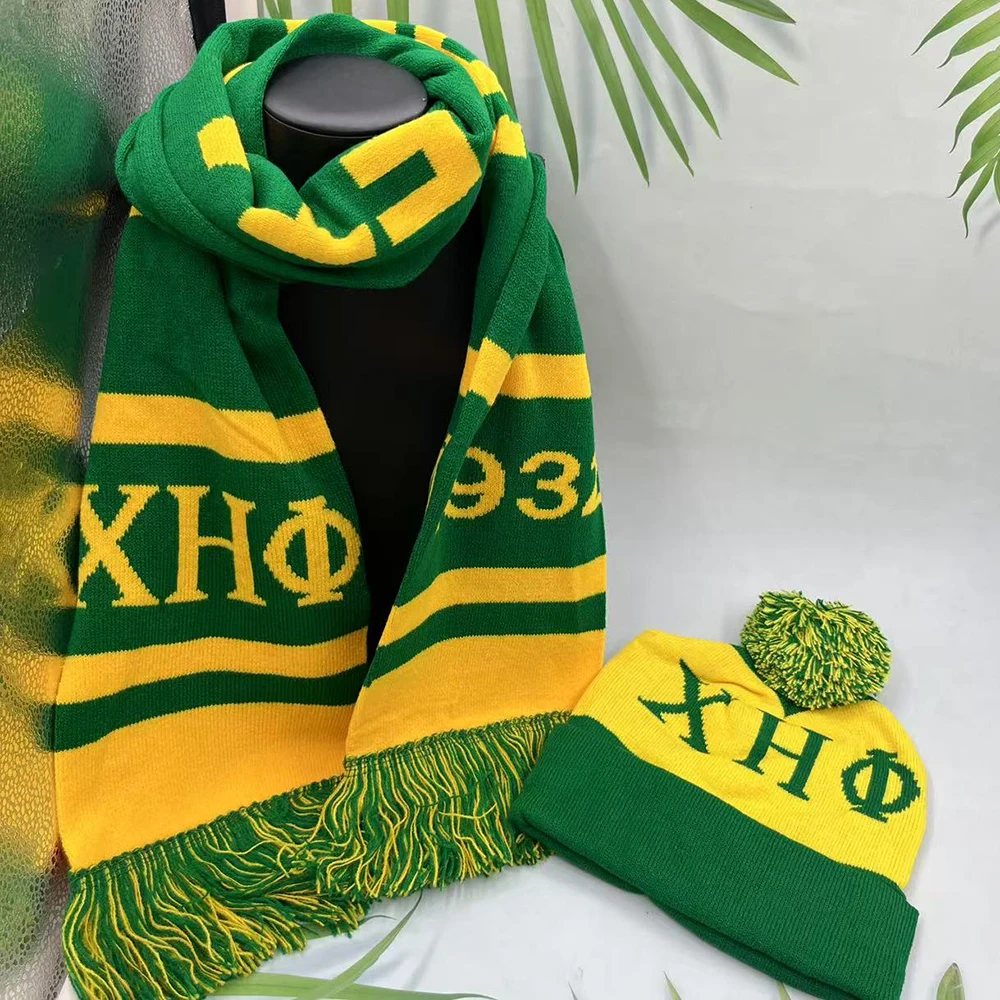 Chi Eta Phi ウール ニット レディース ウィンター グリーン イエロー スカーフ 帽子 セット 1932 女性用 ギフト