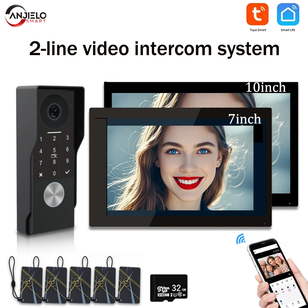 Video-intercom, wachtwoord, kaartenvegen, ontgrendeling met twee regels, wifi, deurbelsysteem, Tuya Smart 1080P Touch-beveiliging