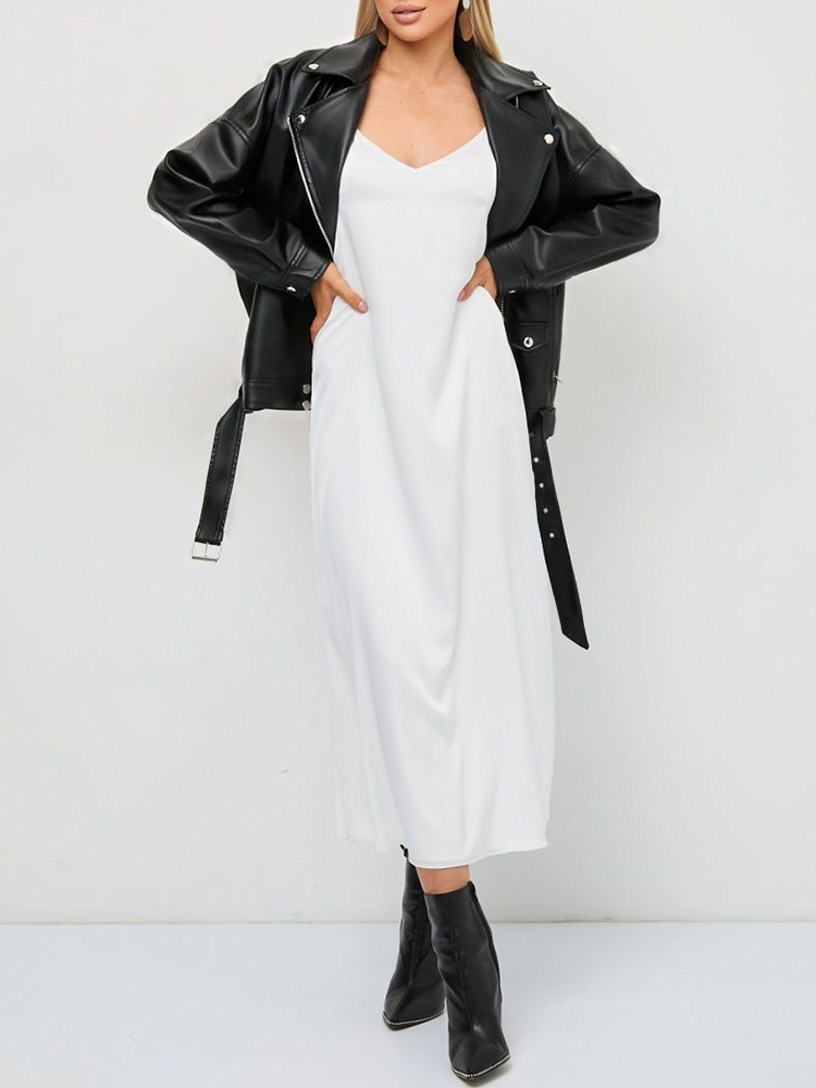 Ailegogo ストリート女性モトバイカールーズ黒 Pu フェイクレザージャケット春秋の女性のジッパーベルトコート生き抜く