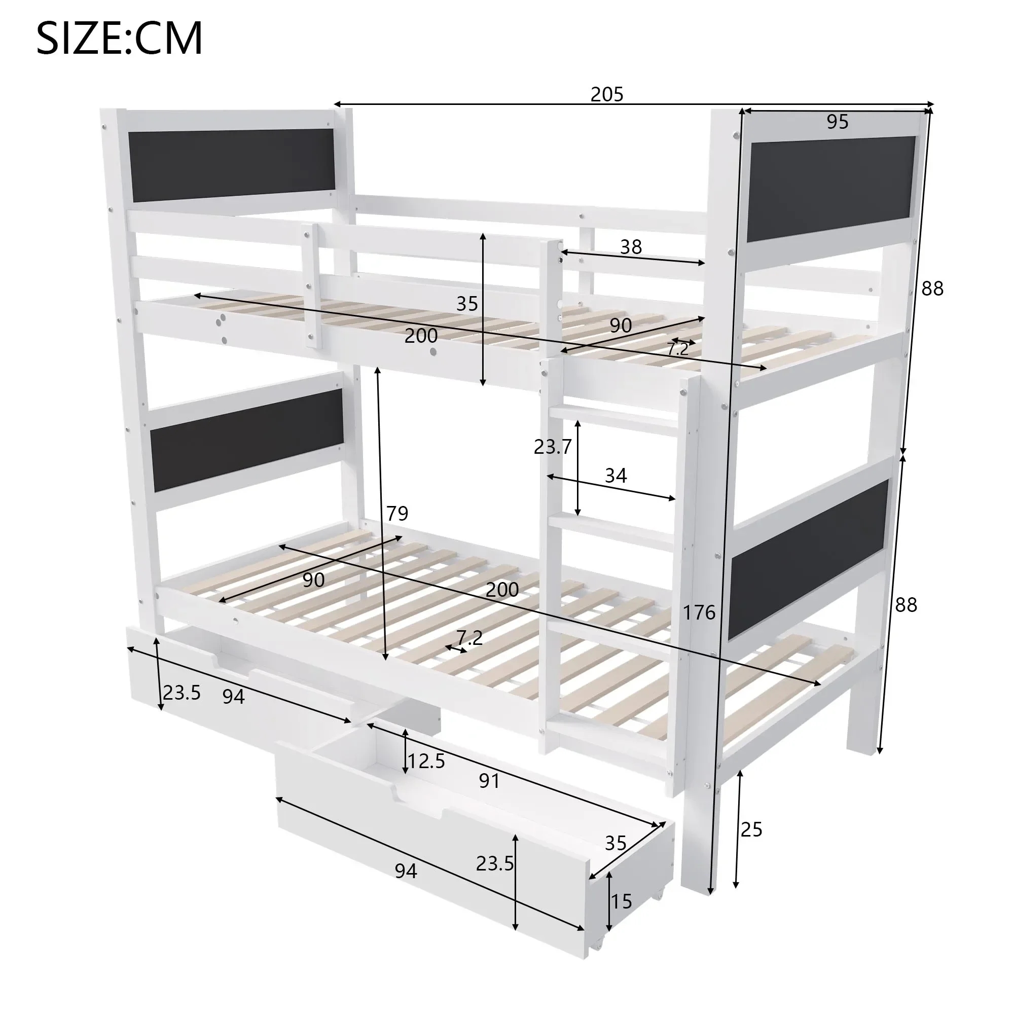 Lazy space 90*200cm Massivholz Kinder bett mit 2 Schubladen, Absturz sicherung Etagen bett, umwandelbar auf zwei 90 x Einzel bett