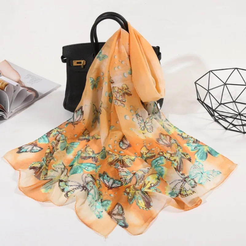 Sciarpa scialle da donna lunga stampata a farfalla con protezione solare in morbida chiffon ultrasottile